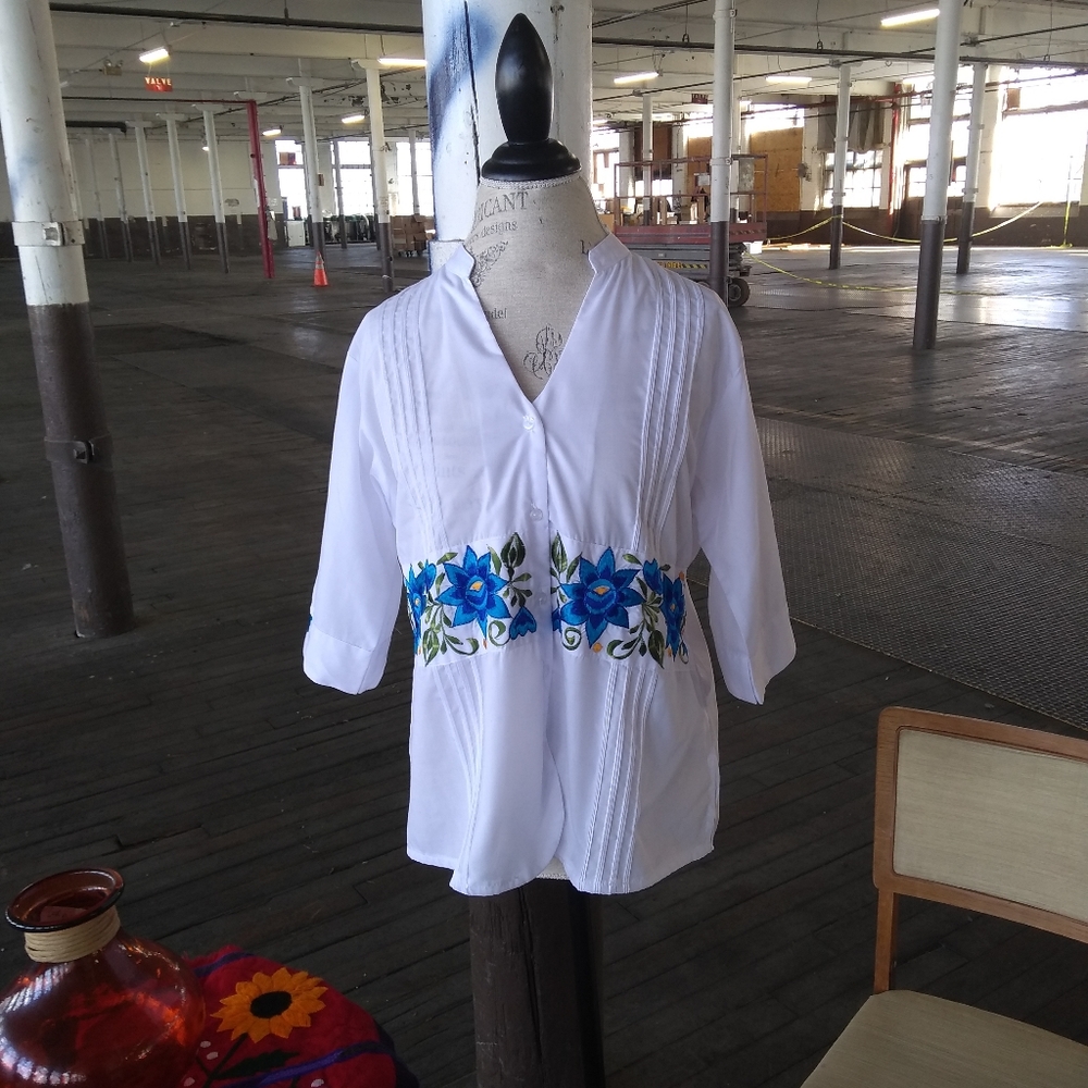 Mexican shirt with hand embroidered floral designs